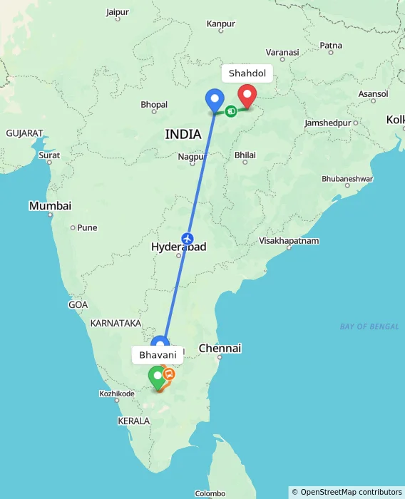 Route map showing distance and travel time from Bhavani, India to Shahdol, India