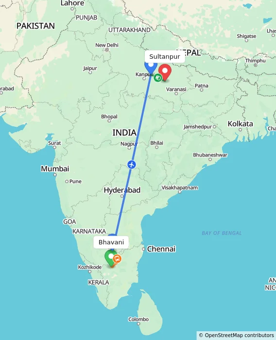 Route map showing distance and travel time from Bhavani, India to Sultanpur, India