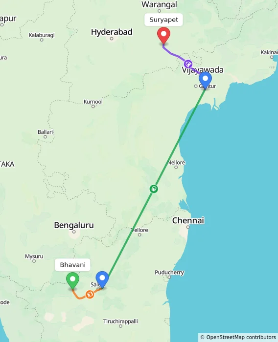 Route map showing distance and travel time from Bhavani, India to Suryapet, India