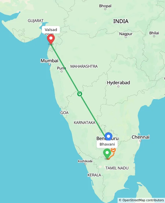 Route map showing distance and travel time from Bhavani, India to Valsad, India