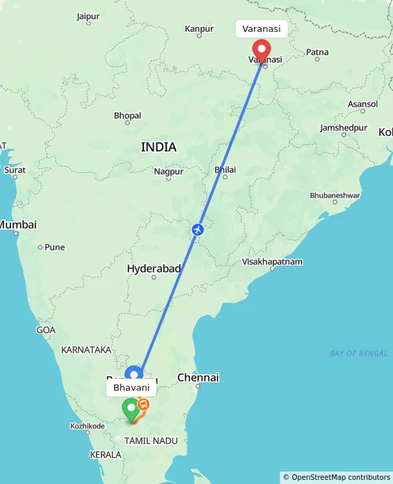Route map showing distance and travel time from Bhavani, India to Varanasi, India
