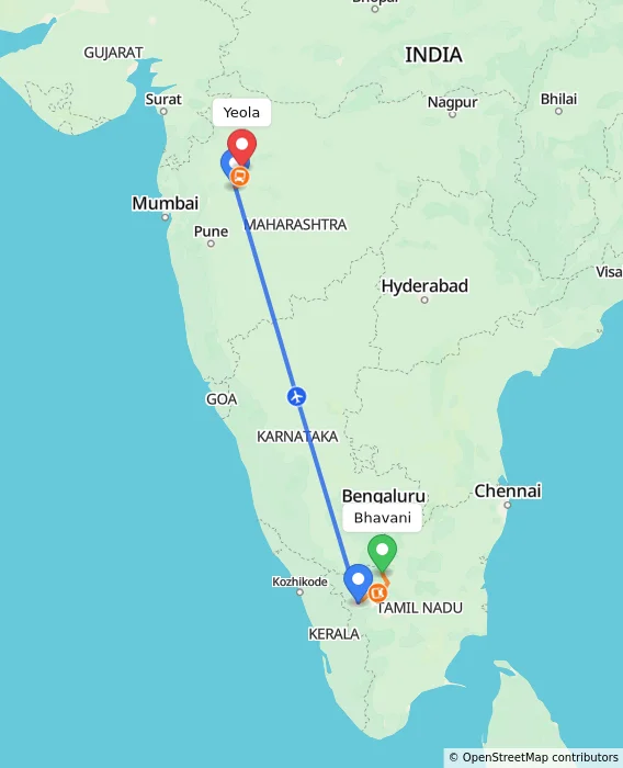 Route map showing distance and travel time from Bhavani, India to Yeola, India