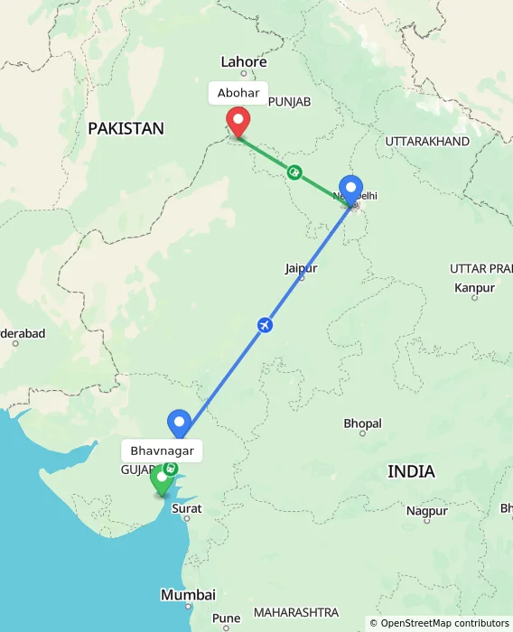 Route map showing distance and travel time from Bhavnagar, India to Abohar, India