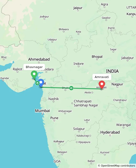 Route map showing distance and travel time from Bhavnagar, India to Amravati, India