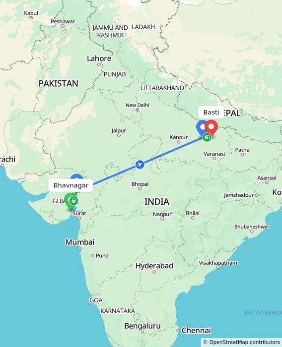 Route map showing distance and travel time from Bhavnagar, India to Basti, India