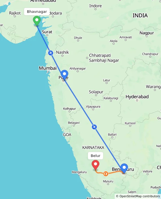 Route map showing distance and travel time from Bhavnagar, India to Belur, India