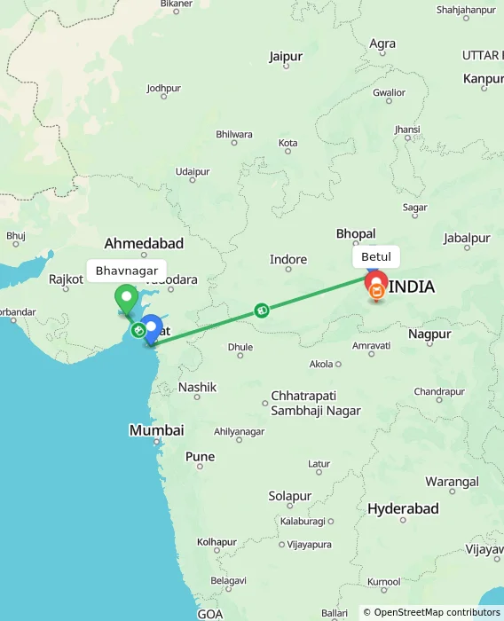 Route map showing distance and travel time from Bhavnagar, India to Betul, India