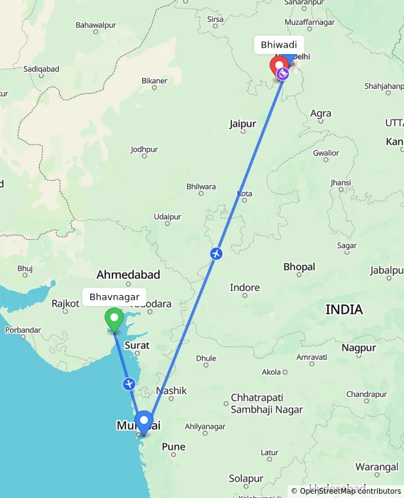 Route map showing distance and travel time from Bhavnagar, India to Bhiwadi, India