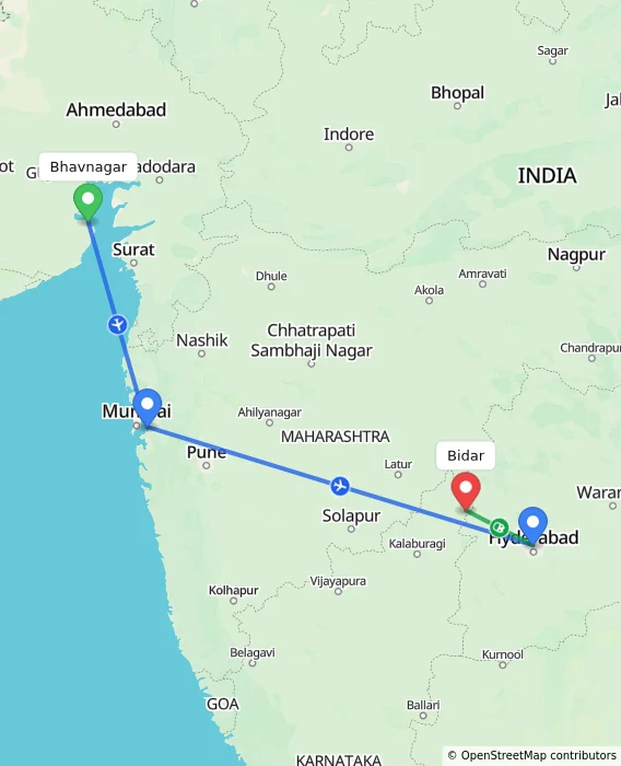 Route map showing distance and travel time from Bhavnagar, India to Bidar, India
