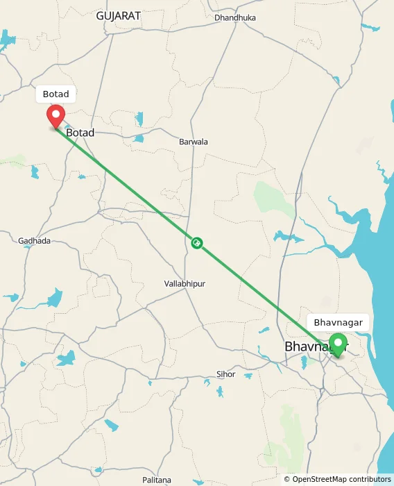 Route map showing distance and travel time from Bhavnagar, India to Botad, India