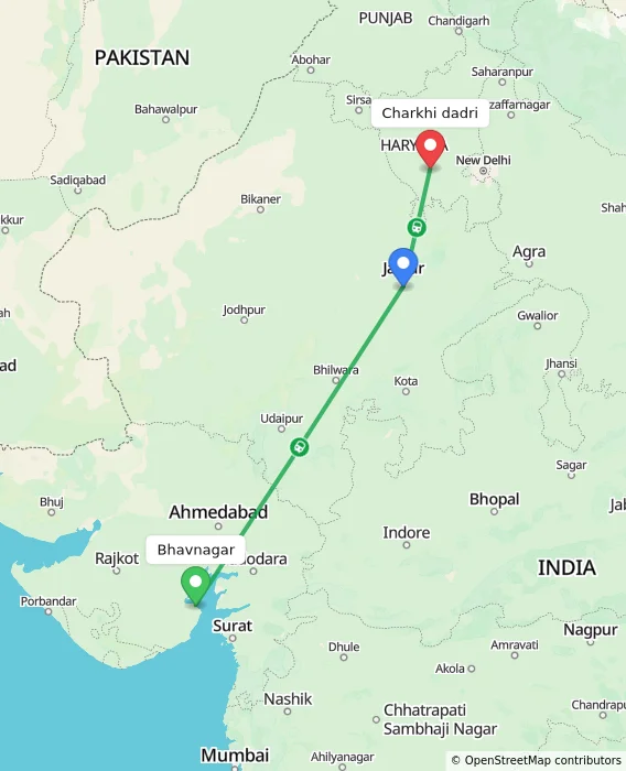 Route map showing distance and travel time from Bhavnagar, India to Charkhi dadri, India