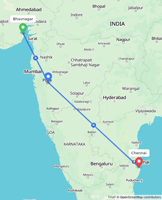 Route map showing distance and travel time from Bhavnagar, India to Chennai, India