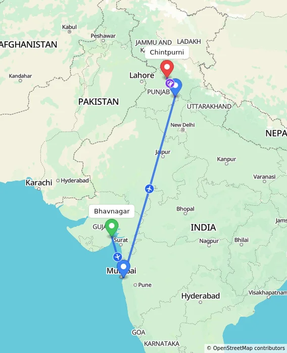 Route map showing distance and travel time from Bhavnagar, India to Chintpurni, India