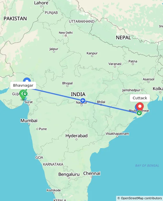 Route map showing distance and travel time from Bhavnagar, India to Cuttack, India