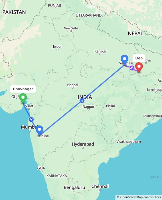 Route map showing distance and travel time from Bhavnagar, India to Deo, India