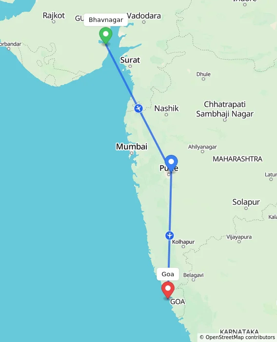 Route map showing distance and travel time from Bhavnagar, India to Goa, India
