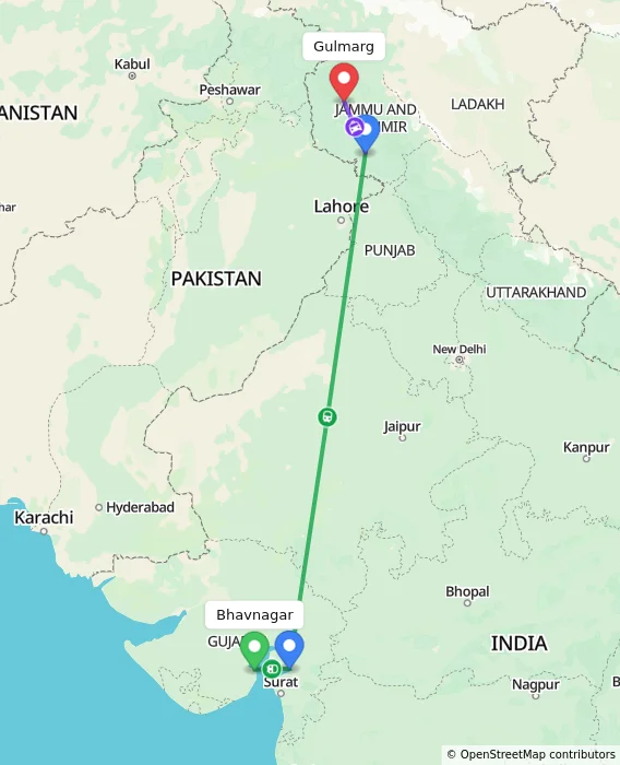 Route map showing distance and travel time from Bhavnagar, India to Gulmarg, India