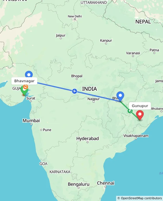 Route map showing distance and travel time from Bhavnagar, India to Gunupur, India