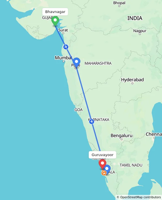 Route map showing distance and travel time from Bhavnagar, India to Guruvayoor, India