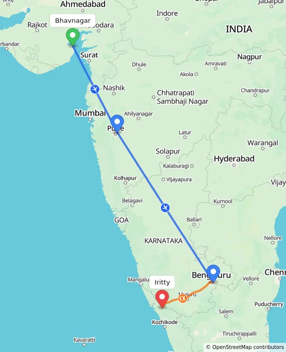 Route map showing distance and travel time from Bhavnagar, India to Iritty, India