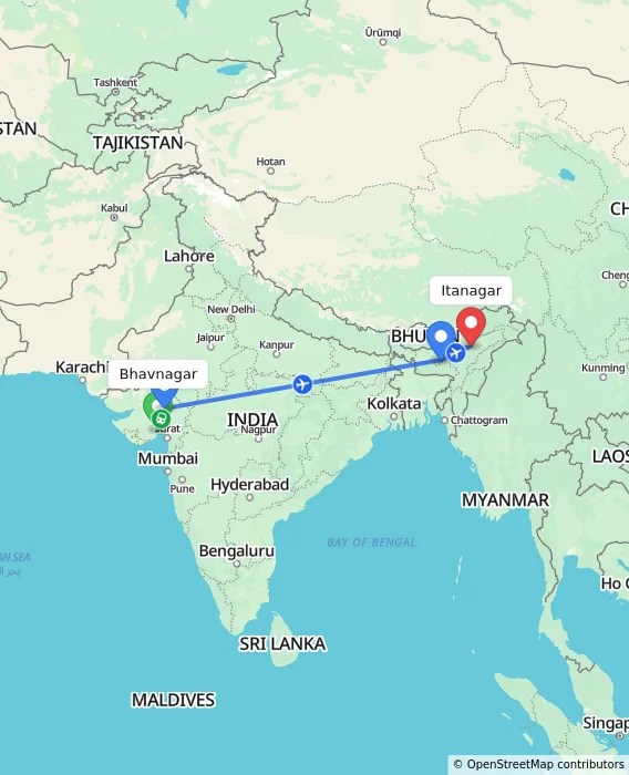 Route map showing distance and travel time from Bhavnagar, India to Itanagar, India