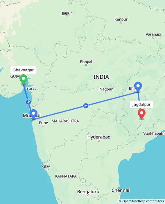 Route map showing distance and travel time from Bhavnagar, India to Jagdalpur, India