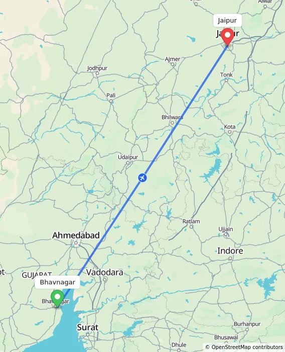 Route map showing distance and travel time from Bhavnagar, India to Jaipur, India