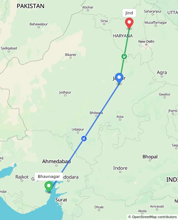 Route map showing distance and travel time from Bhavnagar, India to Jind, India