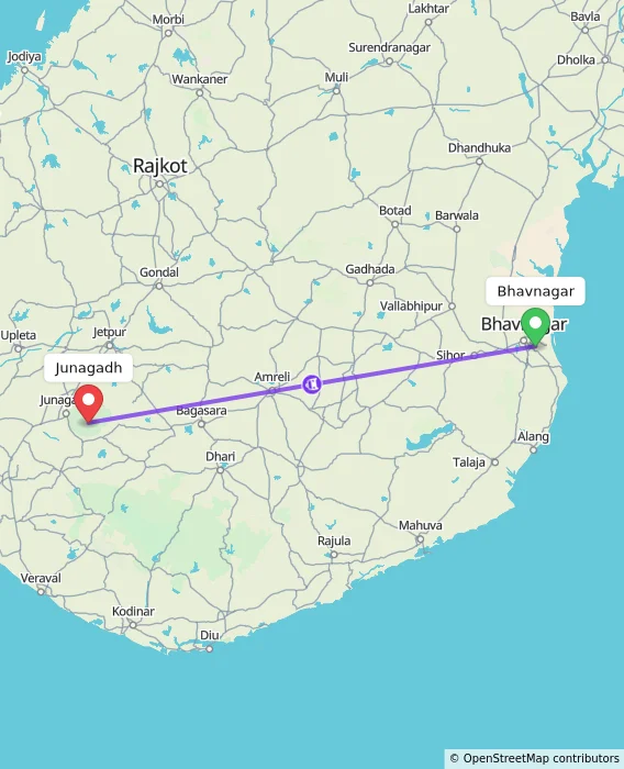 Route map showing distance and travel time from Bhavnagar, India to Junagadh, India
