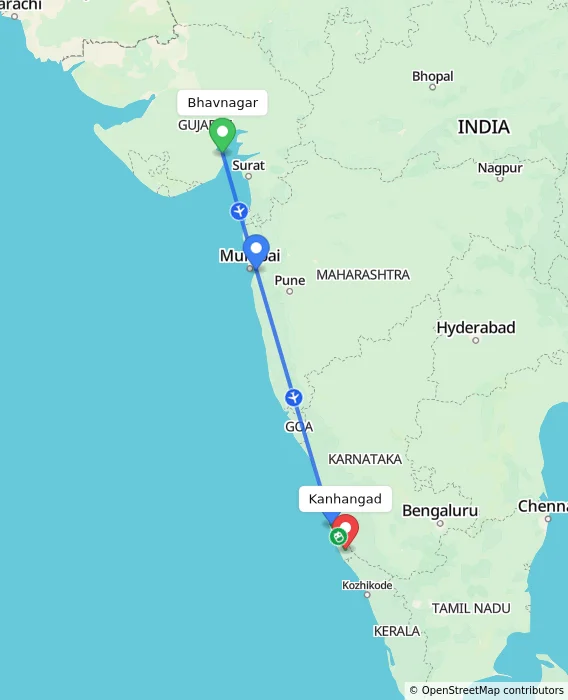 Route map showing distance and travel time from Bhavnagar, India to Kanhangad, India