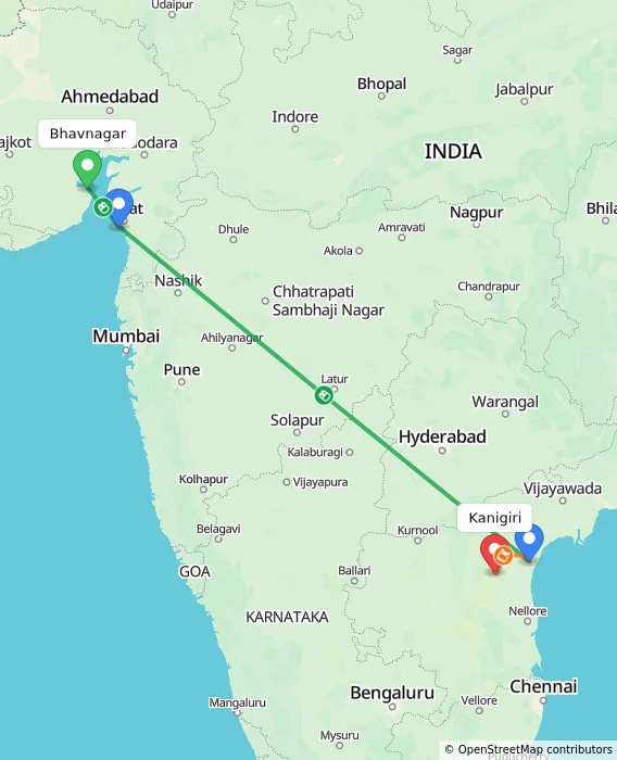 Route map showing distance and travel time from Bhavnagar, India to Kanigiri, India