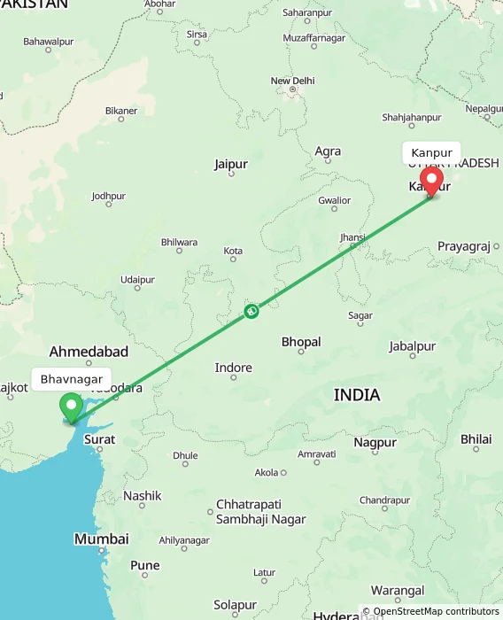 Route map showing distance and travel time from Bhavnagar, India to Kanpur, India