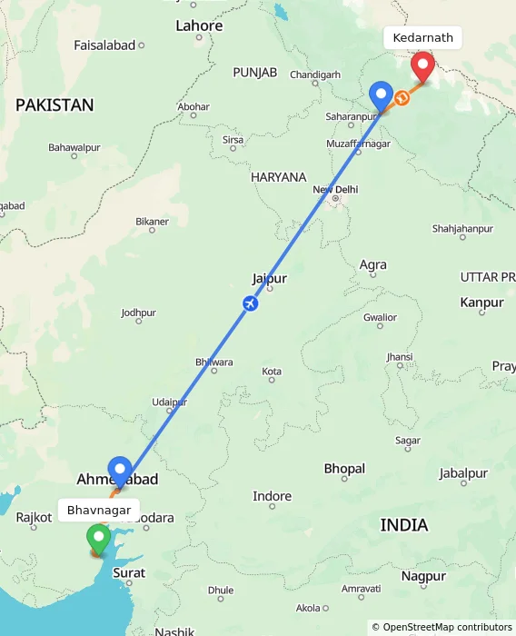 Route map showing distance and travel time from Bhavnagar, India to Kedarnath, India