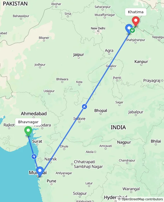 Route map showing distance and travel time from Bhavnagar, India to Khatima, India
