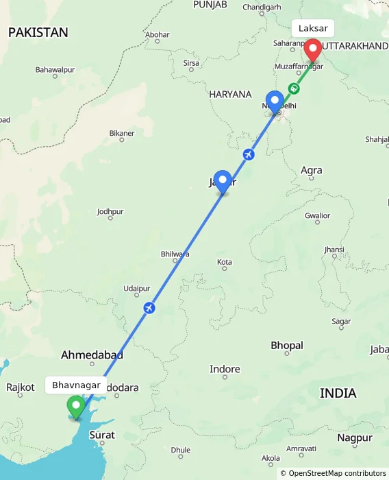 Route map showing distance and travel time from Bhavnagar, India to Laksar, India