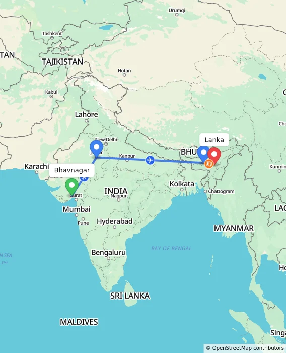 Route map showing distance and travel time from Bhavnagar, India to Lanka, India