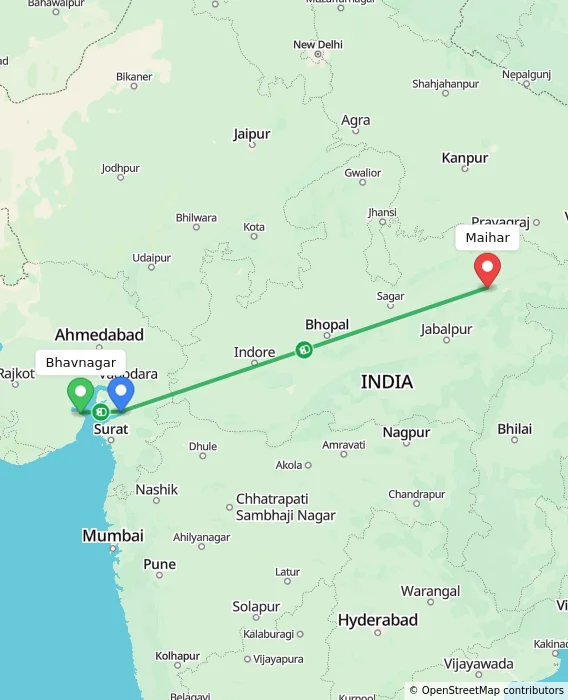 Route map showing distance and travel time from Bhavnagar, India to Maihar, India