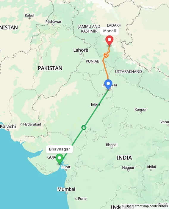 Route map showing distance and travel time from Bhavnagar, India to Manali, India