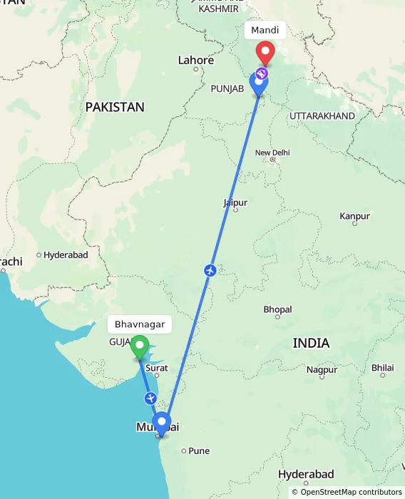 Route map showing distance and travel time from Bhavnagar, India to Mandi, India