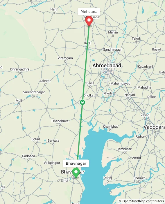 Route map showing distance and travel time from Bhavnagar, India to Mehsana, India