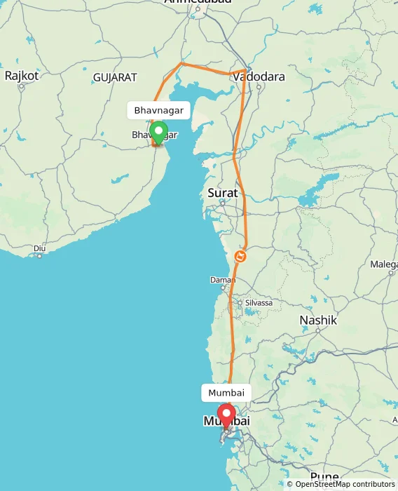 Route map showing distance and travel time from Bhavnagar, India to Mumbai, India