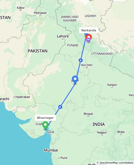 Route map showing distance and travel time from Bhavnagar, India to Narkanda, India