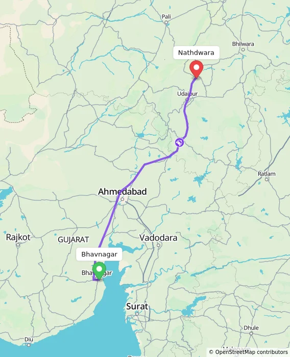 Route map showing distance and travel time from Bhavnagar, India to Nathdwara, India