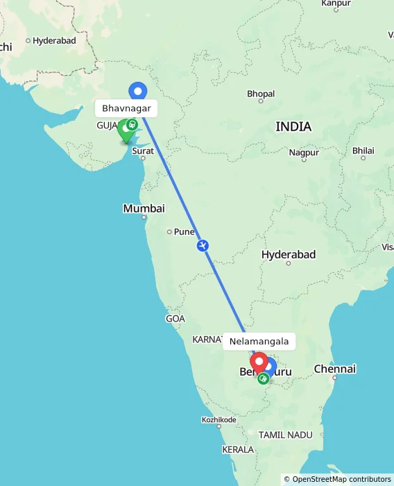 Route map showing distance and travel time from Bhavnagar, India to Nelamangala, India