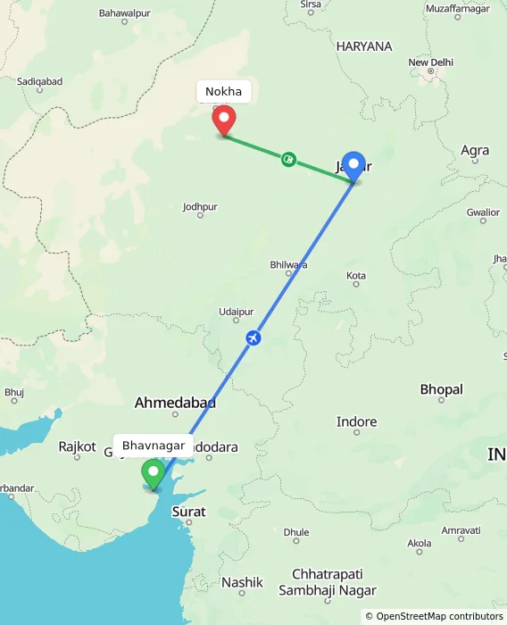 Route map showing distance and travel time from Bhavnagar, India to Nokha, India