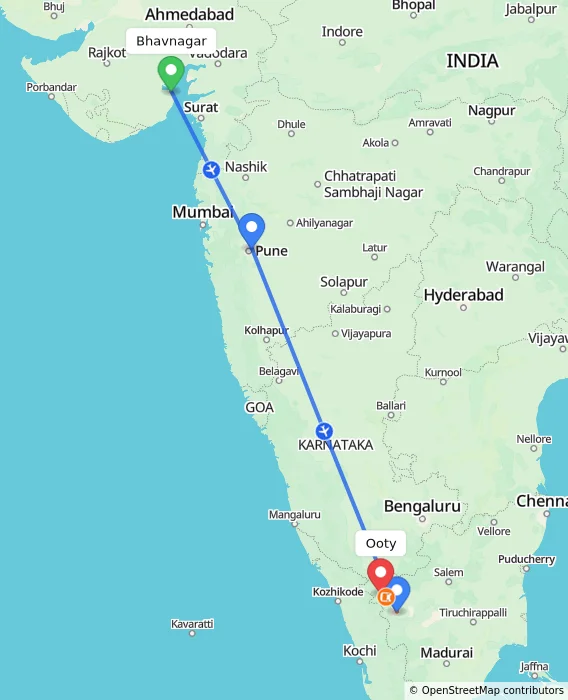 Route map showing distance and travel time from Bhavnagar, India to Ooty, India