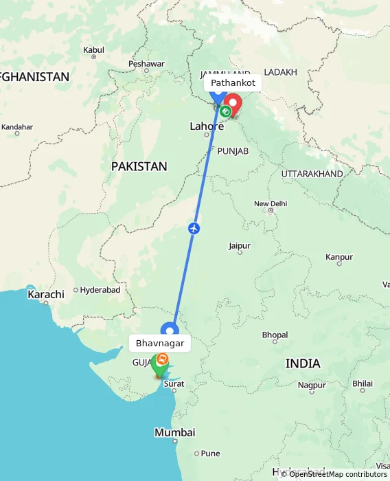 Route map showing distance and travel time from Bhavnagar, India to Pathankot, India