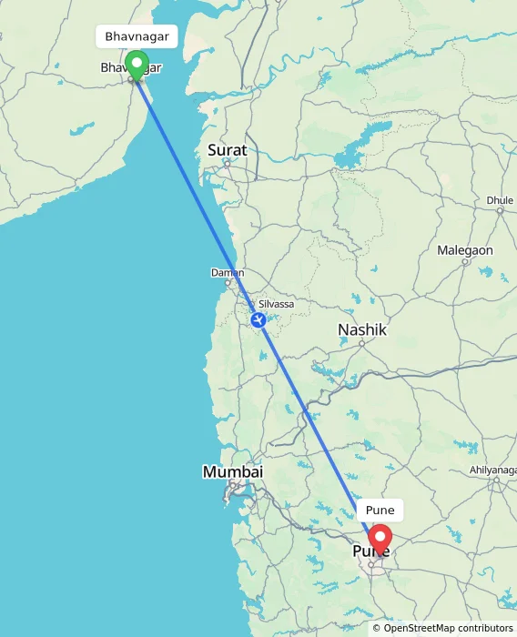 Route map showing distance and travel time from Bhavnagar, India to Pune, India