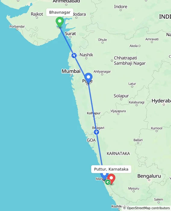 Route map showing distance and travel time from Bhavnagar, India to Puttur, Karnataka, India
