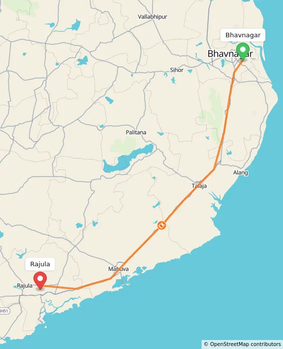Route map showing distance and travel time from Bhavnagar, India to Rajula, India